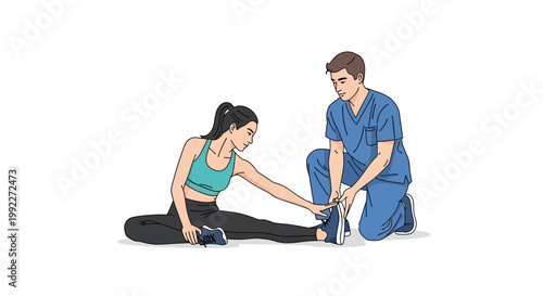 Physiotherapist assisting woman in stretching exercise session