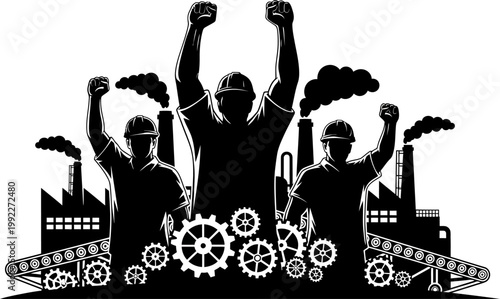 workers in factory setting with raised fists and industrial machinery