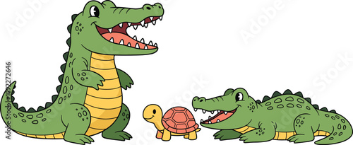 Cute crocodile and turtle cartoon vector illustration with playful reptiles characters in friendly kids style wildlife scene