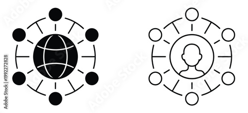 Digital technology social network icon set featuring global connectivity symbols, network nodes, communication links, and modern minimalist line art for online platforms, digital transformation system