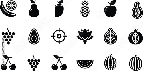 Set of black fruit icons featuring banana pineapple mango avocado and pomegranate silhouettes for grocery store healthy nutrition organic food and tropical harvest graphic design elements