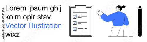 Task management, organization, productivity, planning, project coordination, decision-making. A clipboard with checkboxes, a person pointing and a pen nearby. Task management and organization