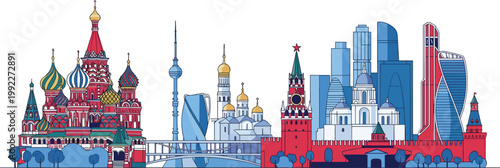 Moscow city skyline vector illustration with Saint Basil Cathedral, Kremlin, modern skyscrapers and famous Russian landmarks in detailed urban panorama style