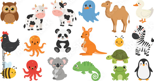 Cute animal cartoon vector set with cow, panda, kangaroo, camel, penguin, octopus and mixed wildlife collection for kids illustration