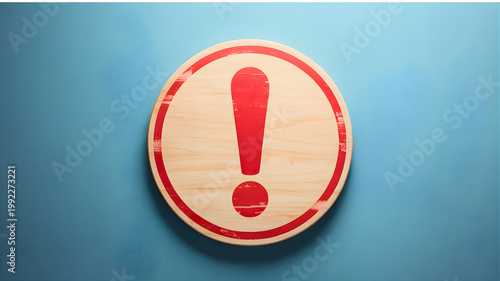 A warning sign with a red exclamation mark on a wooden circle hangs on a blue wall