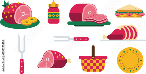 Holiday Glazed Ham and Picnic Food Vector Illustration Set Featuring Sliced Meat, Sandwiches, Roasted Turkey, and Picnic Basket for Festive Dining and Catering Designs