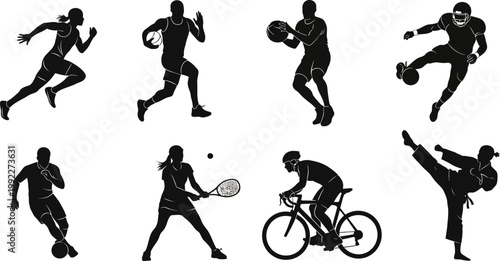 collection of sportspeople running cycling kicking ball playing tennis and basketball silhouettes
