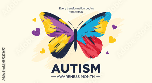 Autism Awareness Month, colorful butterfly illustration, purple and blue wings, social cause symbol, autism advocacy