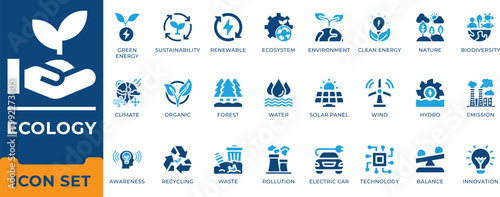 Ecology and green energy icon set. Sustainability, renewable power, environment protection, recycling, climate change and nature vector symbols.