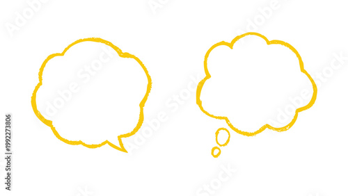 Hand Drawn Yellow Speech and Thought Bubble Doodle Set with Sketchy Crayon Texture
