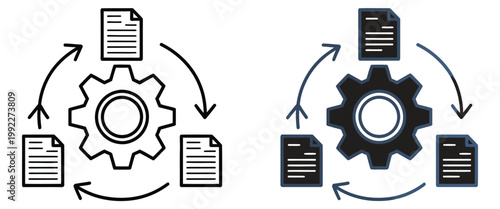 Project documentation icon set featuring document settings with gear icon, standard operating procedure symbols, process documentation elements, and modern minimalist line art for business workflow sy