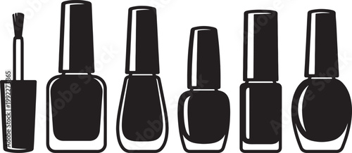 Black and white silhouettes of nail polish bottles with brush also transparent background