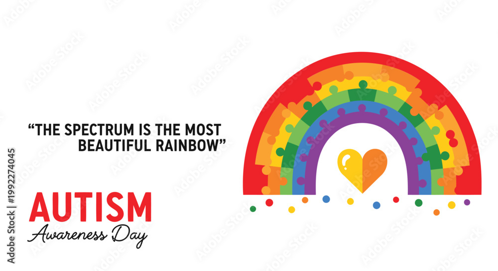 Obraz premium Autism Awareness Day, rainbow puzzle piece, autism symbol, colorful illustration, autism acceptance