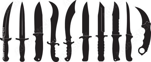 Collection of various black knives and daggers with unique blade shapes and handle also transparent background