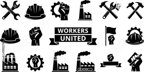 set of black and white industrial and labor icons on white background