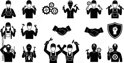 Black silhouette icons of construction workers and industrial tools on white background