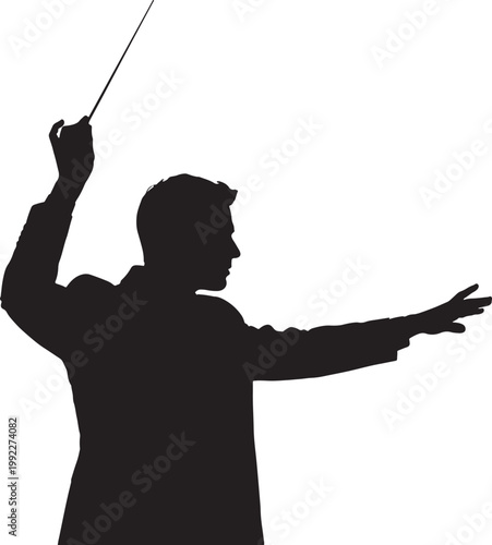 Silhouette of a conductor leading an orchestra with baton raised also transparent background, music