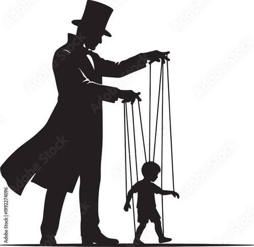 Silhouette of a hat-wearing puppeteer controlling a marionette puppet also transparent background