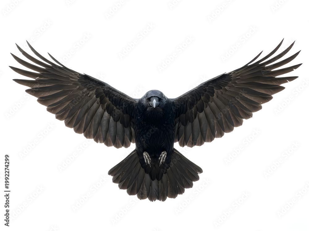 Fototapeta premium Majestic black crow in mid-flight showcasing powerful wingspan against pure white backdrop with dramatic soft lighting and moody contrast