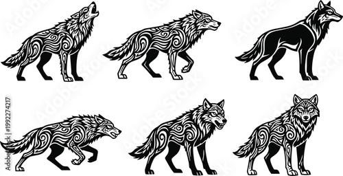 Set of tribal wolf silhouettes with decorative scrollwork patterns for mascot logos tattoos wilderness apparel and mystical wildlife graphic design elements isolated on white background