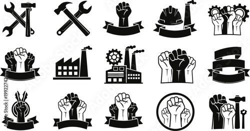 collection of black and white industrial icons with fists and tools and factories