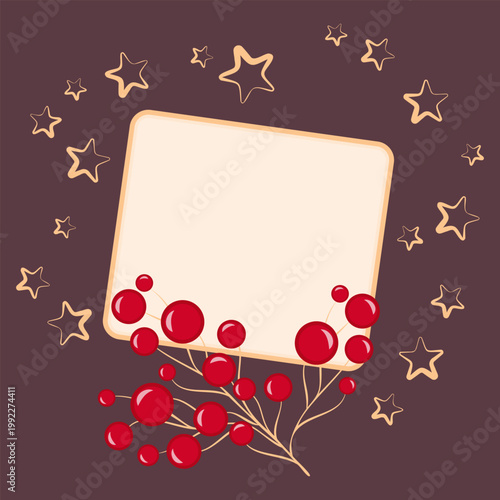 Cozy winter greeting card template with central blank parchment copy space, decorated with bunch of bright red rowan berries or holly and surrounded by golden hand-drawn stars. Warm seasonal border de