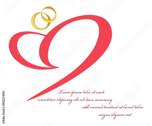 Elegant wedding invitation template featuring minimalist red calligraphic heart and two interlocking gold wedding rings on white background. Stylish romantic design with placeholder text for marriage 