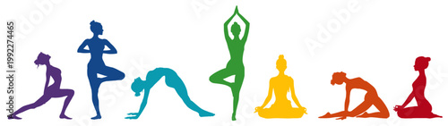 International Yoga Day vector Illustration - Set collection of silhouette of women in different yoga posture, isolated on transparent background