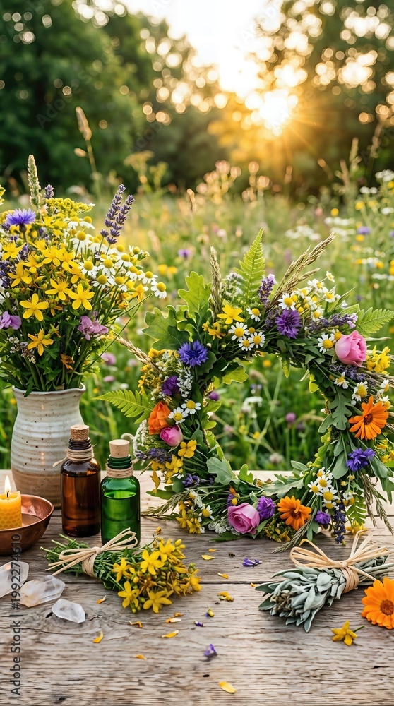 Fototapeta premium Floral wreath, vibrant wildflower bouquet, natural herbal oil, burning candle, clear crystal, rustic wooden table, representing June 21 summer solstice Litha Midsummer ritual.