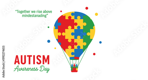 Autism Awareness Day, puzzle pieces hot air balloon, colorful autism symbols, autism acceptance