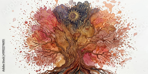 Watercolor watercolor artwork of tree with vibrant colors. Tree with beautiful colors is illustrated, artistic. This image can be used for artistic and natural concepts. for print, wall art, branding