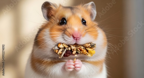 Adorable Syrian Hamster with Mouth Full of Seeds and Grains Close-up Portrait