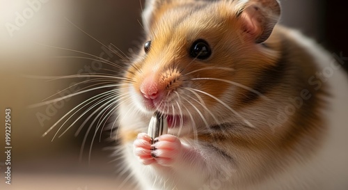 Close-up Portrait of a Cute Syrian Hamster Eating a Sunflower Seed