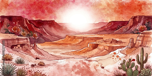 Watercolor watercolor depiction of a vast desert landscape bathed in the warm glow of sunset, with imposing mesas, distant mountains, and sparse vegetation. for print, wall art, branding