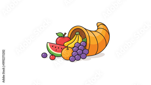 Cornucopia Horn of Plenty Filled with Fresh Fruits like Apple Banana Grapes and Watermelon, Harvest Abundance Symbol, Flat Vector Illustration with Editable Stroke on White Background