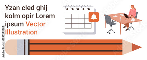 Business planning, scheduling, productivity tools, time management, office work, organization. Calendar with notification, a pencil and a person in an office setting. Business planning