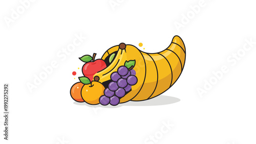 Modern Flat Vector Illustration of a Cornucopia Horn of Plenty Filled with Fresh Fruits like Grapes, Apple, and Banana, Featuring an Editable Stroke for Customizable Line Weight on White.