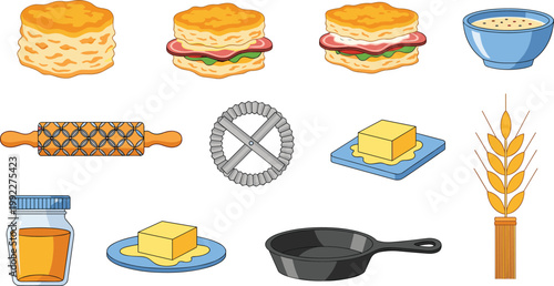 Southern Style Homemade Buttermilk Biscuits and Breakfast Cooking Illustration Set Featuring Biscuit Sandwiches, Rolling Pin, Butter, and Cast Iron Skillet for Culinary Designs