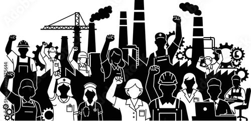 various workers with raised fists standing in front of industrial landscape with smokestacks and factory buildings