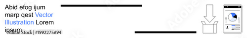 Digital communication, data sharing, cloud storage, mobile technology, information processing, online services. Smartphone with charts and arrow into box. Data sharing and cloud storage concept