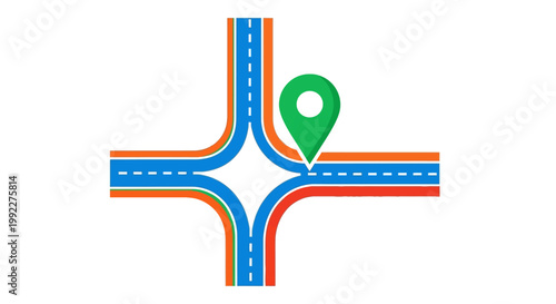 A colorful highway interchange illustration with a green location marker.