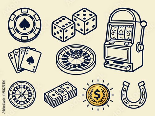 Casino Gambling Icons Chips Dice Cards Roulette Slot Machine Money Horseshoe.