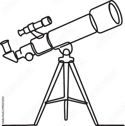 A minimalist black outline drawing of a refracting telescope mounted on a tripod stand