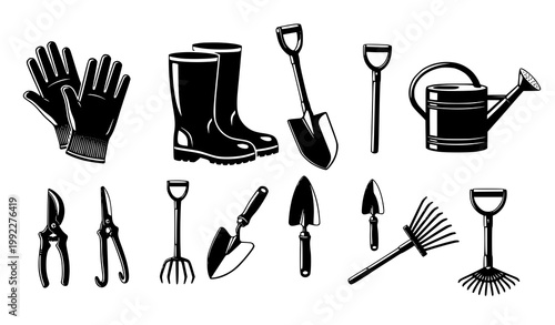 Gardening tools silhouette icon vector set with gloves boots spade trowel and watering can