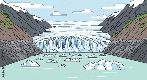 Flat Vector Illustration of a Majestic Glacier with Icebergs Floating in Arctic Water and Mountain Peaks