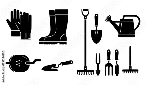 Minimal gardening tools silhouette icon set with strong black shapes for farm and landscaping design