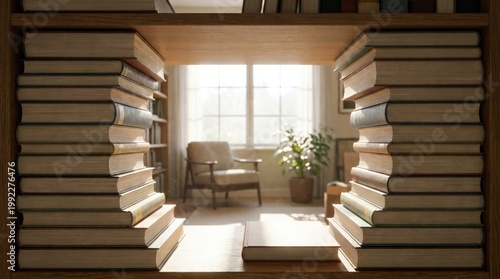 Books stacked forming passage to reading space education concept