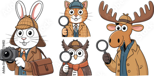 Cute Detective Animals Line Art Set  Rabbit, Cat, Owl, and Moose Mystery Characters