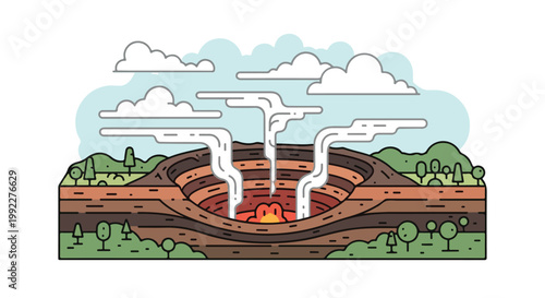 Stylized Cross Section Illustration of an Active Volcanic Crater with Rising Steam and Glowing Lava in a Natural Landscape