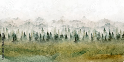 Watercolor misty watercolor forest landscape, painted with artistic, atmospheric trees and distant mountains, showcasing the beauty and serenity of nature. for print, wall art, branding